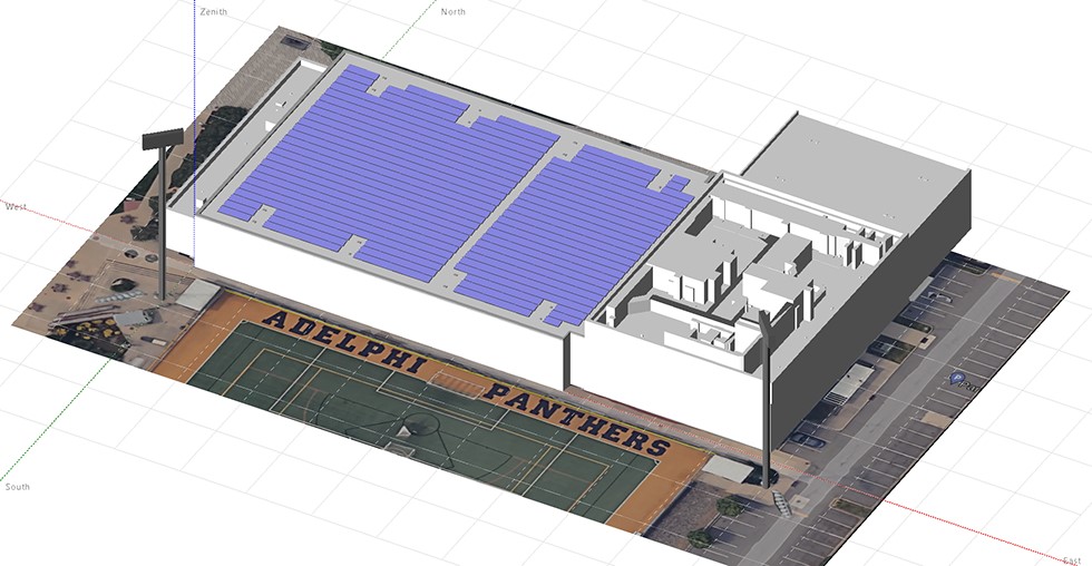 Artist rendering of a solar energy system on roof of a building. On the ground is an athletic field with the words "Adelphi Panthers"