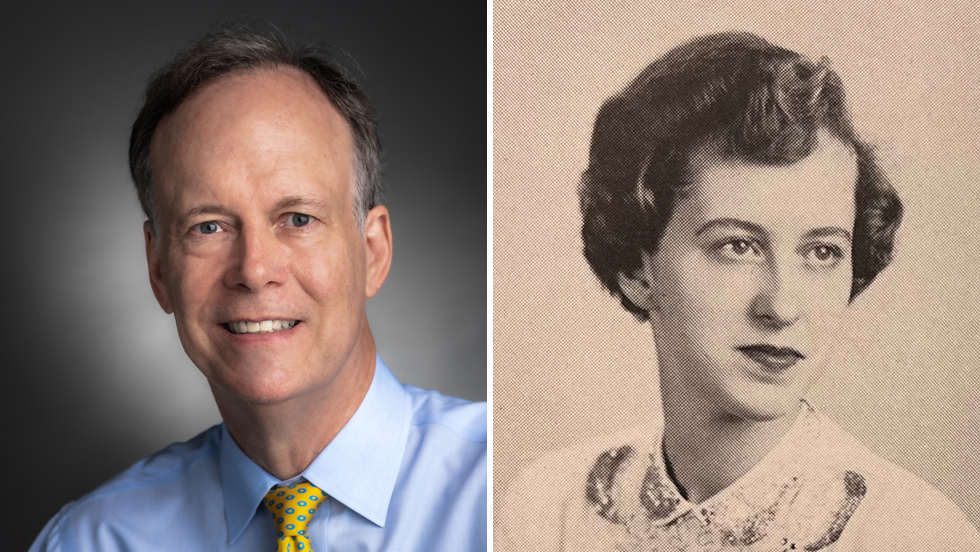 On the left, color photo of a man smiling. On the right, a black-and-white yearbook photo of a woman from 1954.