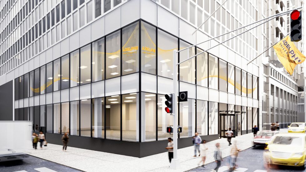 Architectural rendering of the exterior facade of Adelphi University's NYC Fifth Avenue location, featuring the iconic Adelphi flag as a symbol of pride and presence.