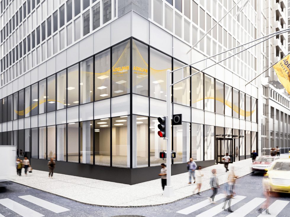 Architectural rendering of the exterior facade of Adelphi University's NYC Fifth Avenue location, featuring the iconic Adelphi flag as a symbol of pride and presence.