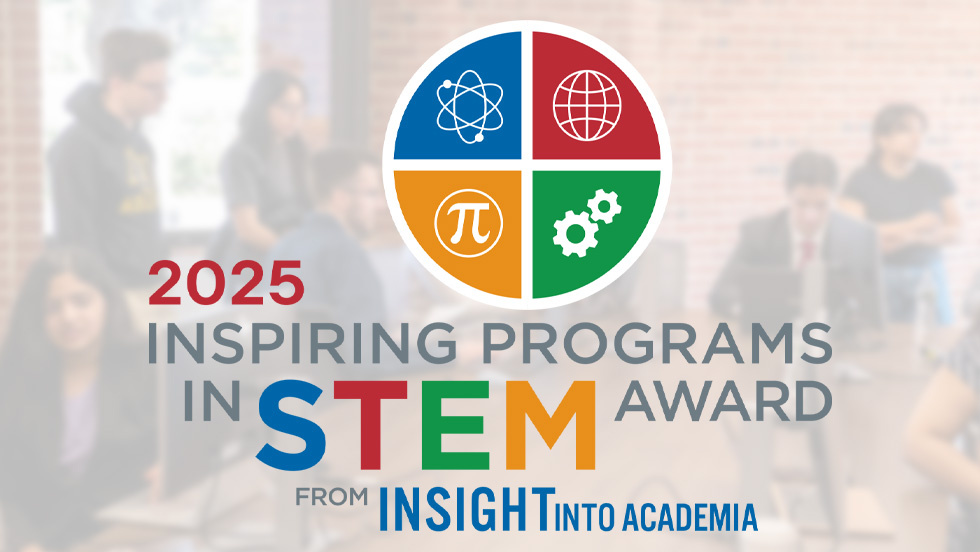 Colorful badge noting Adelphi as a 2025 winner of an Inspiring Programs in STEM award