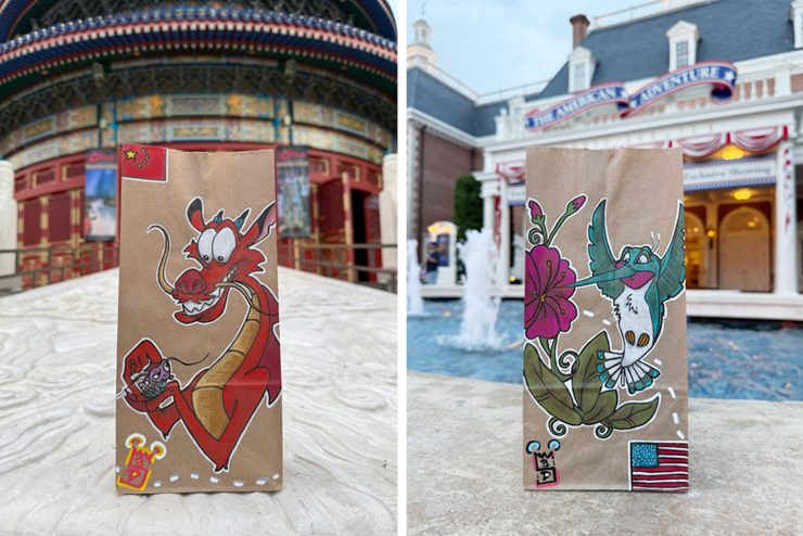 A split image showing decorated brown paper lunch bags. The left side displays two bags side-by-side, each featuring a hand-drawn illustration of one of the "Wet Bandits" from the movie Home Alone—Harry on the left and Marv on the right. Markers are visible at the bottom of the frame. The right side displays a single bag covered in hand-drawn cartoon fish, placed outdoors in front of a stone water fountain.