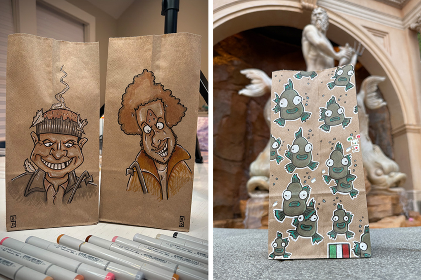A split image showing decorated brown paper lunch bags. The left side displays two bags side-by-side, each featuring a hand-drawn illustration of one of the "Wet Bandits" from the movie Home Alone—Harry on the left and Marv on the right. Markers are visible at the bottom of the frame. The right side displays a single bag covered in hand-drawn cartoon fish, placed outdoors in front of a stone water fountain.