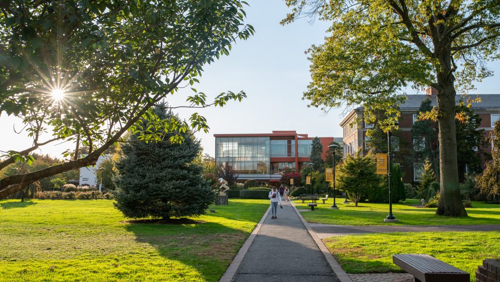 Adelphi Campus in the Fall showing Nexus Building and green spaces.