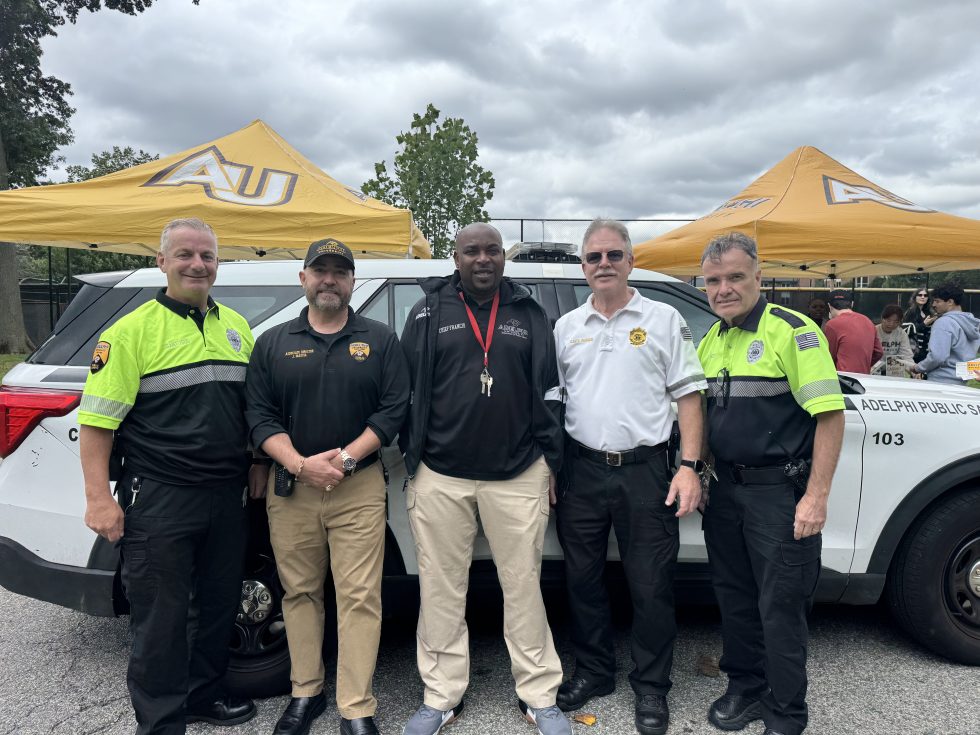 A photo of public safety officers and leadership at Adelphi University.