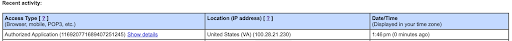 Recent Activity: Access Type | Location (IP Address) | Date/Time