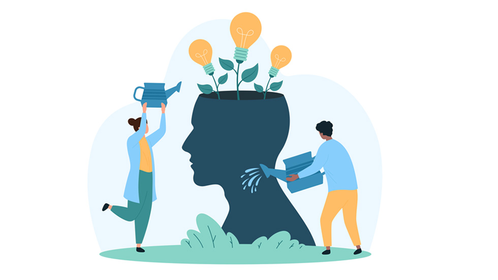 Illustration of two people watering a large silhouette of a human head with plants and light bulbs growing out of it, symbolizing nurturing ideas, creativity, and mental growth.