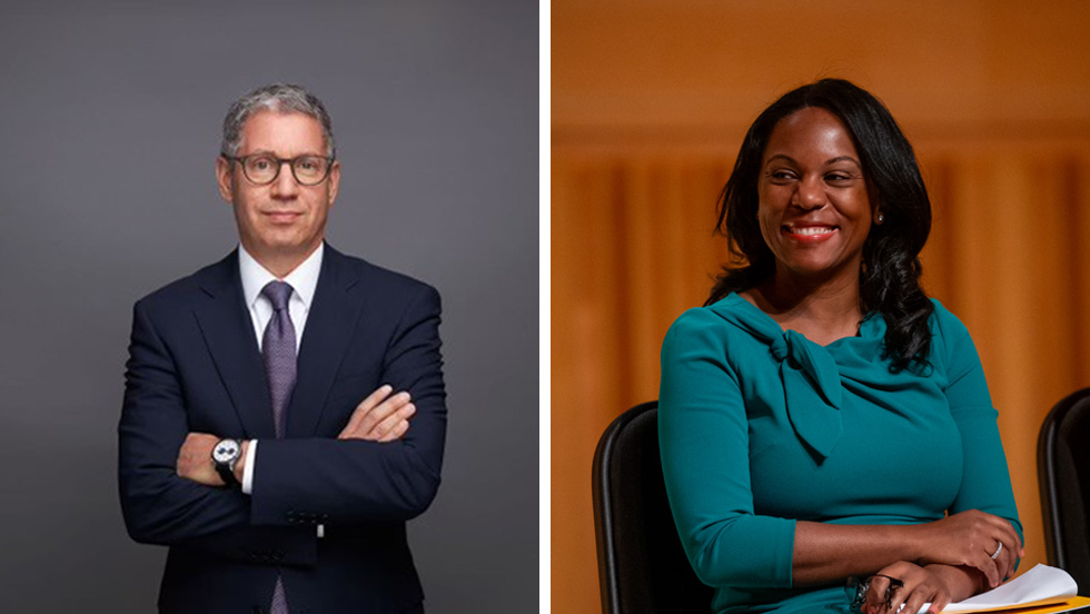 Left image: A grey-haired man standing wearing glasses and a navy blue suit with his arms crossed; Right image: A woman sitting while smiling warmly with medium-length dark hair wearing a teal dress