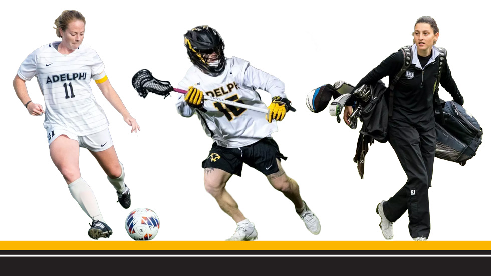 Three Adelphi University athletes: a female soccer player kicking a ball, a male lacrosse player running with a stick and a female golfer carrying a golf bag