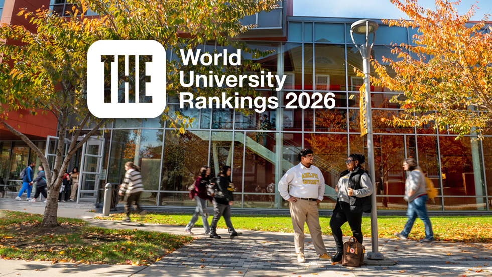 Adelphi fall campus. THE World University Rankings 2026 logo included