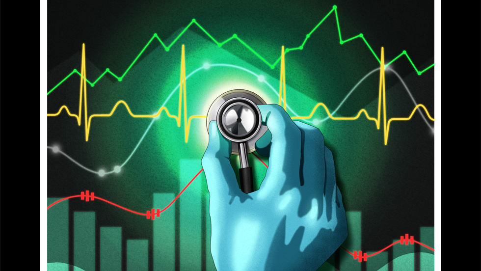 Gloved hand holding a stethoscope over a background of various colorful data graphs, including heart rate lines and bar charts
