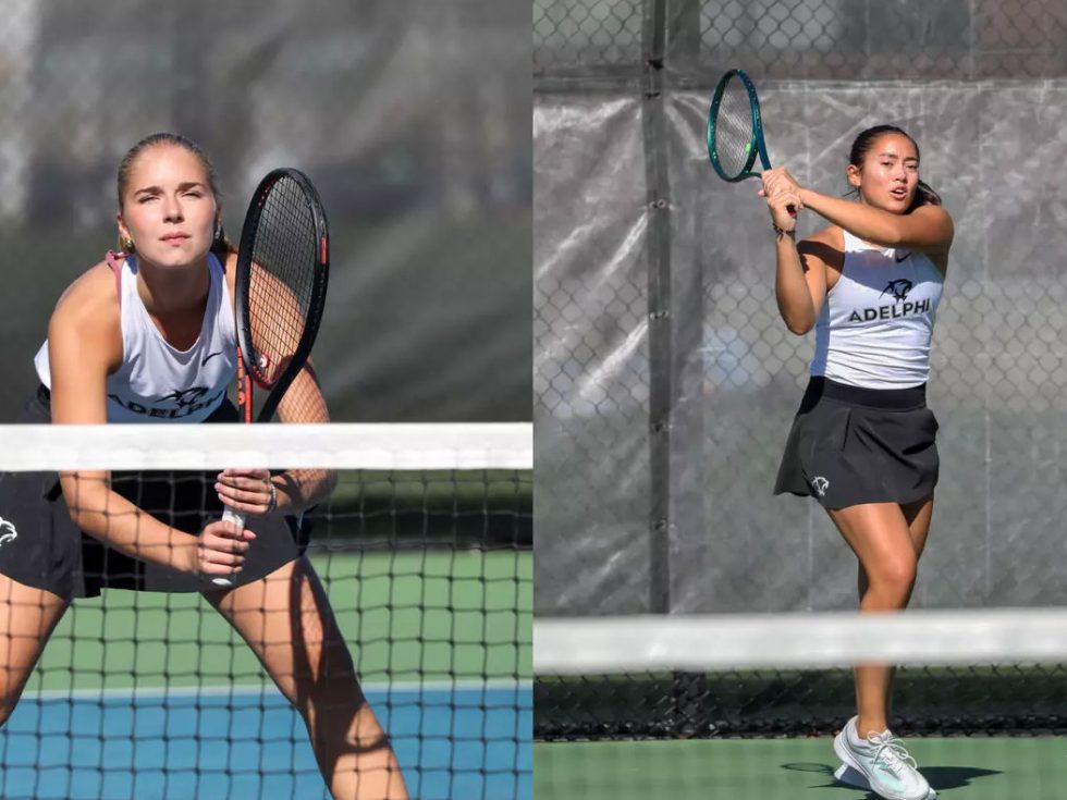 Two women playing tennis