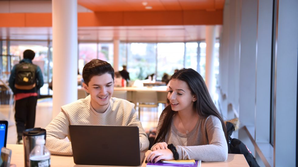 A male and female Adelphi University student studying on a laptop computer in the Nexus Building
