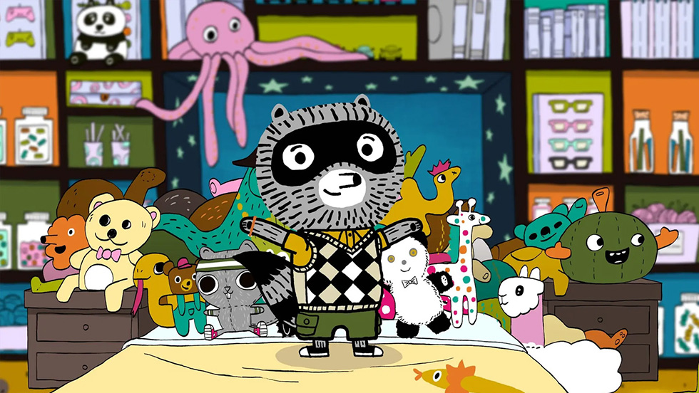 Colorful cartoon scene of a raccoon character in a sweater vest standing on a bed surrounded by various stuffed animals with bookshelves and toys in the background