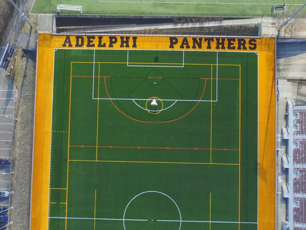 Adelphi University Motamed Field soccer and lacrosse field viewed from overhead