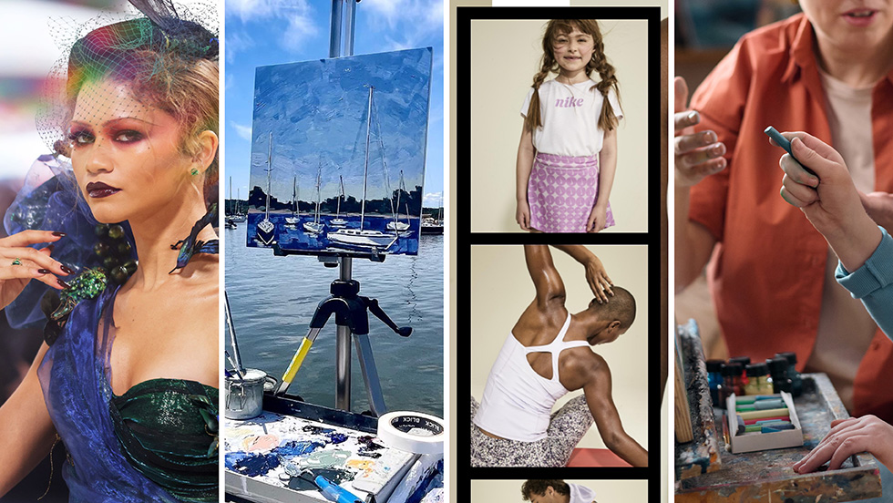 A collage of four images representing creative arts disciplines: a model with dramatic avant-garde makeup and a feathered hat; an artist's easel set up outdoors displaying an oil painting of sailboats on the water; two stacked photos of figures in athletic wear — a young girl and a person doing yoga — against a neutral background; and a close-up of hands holding chalk pastels over an artist's supply tray.