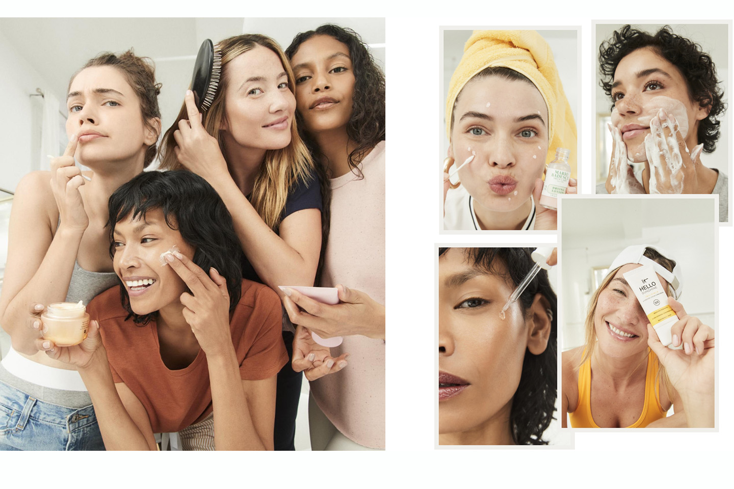 A collage of women applying skincare products