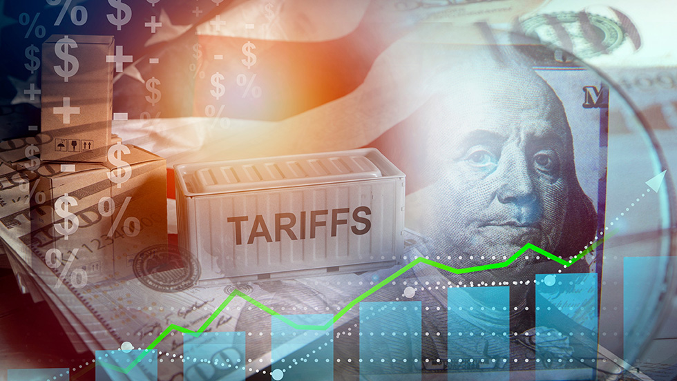 Composite illustration showing a shipping container labeled 'TARIFFS' surrounded by U.S. dollar bills, an American flag, financial charts, and currency symbols.