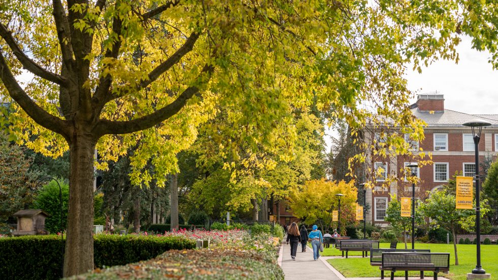 Students walk along a tree-lined campus path at Adelphi University in autumn, with yellow and green foliage overhead, flower beds to the left, and a brick academic building with Adelphi University banners in the background.