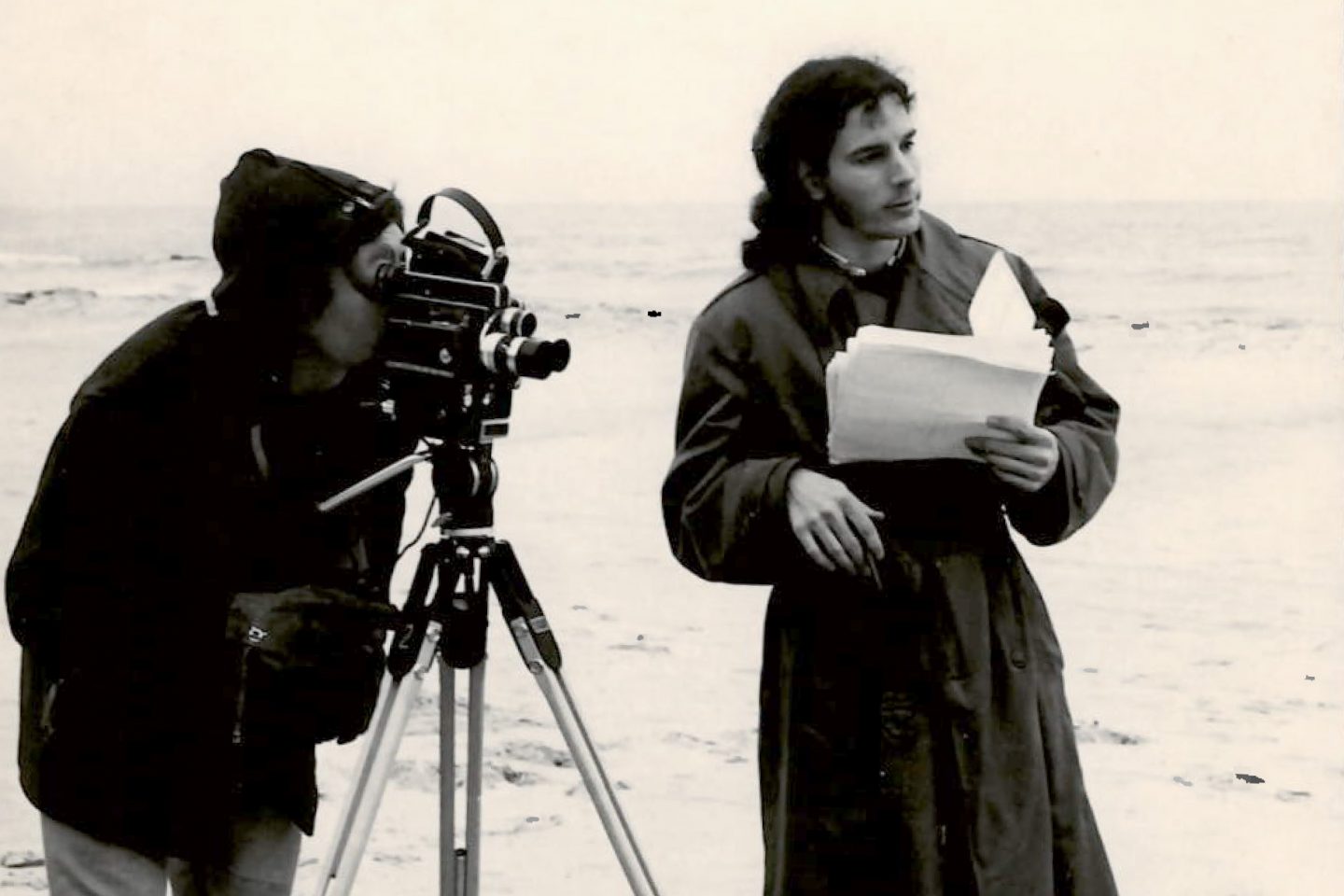 1975 Classmates Walter Trepashko & Rich O'Neill work on a film at the beach titled Wood and Waves in 1974