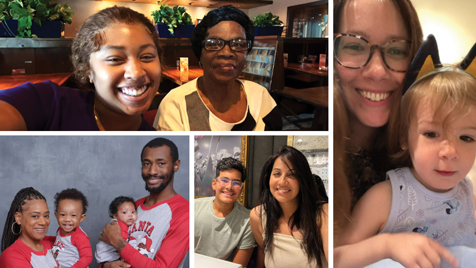 A collage of four family photos showing diverse families smiling together, including a young woman with an older woman at a restaurant, a family of four in matching red pajamas, a young couple at a dining table, and a woman with a toddler wearing novelty ears.