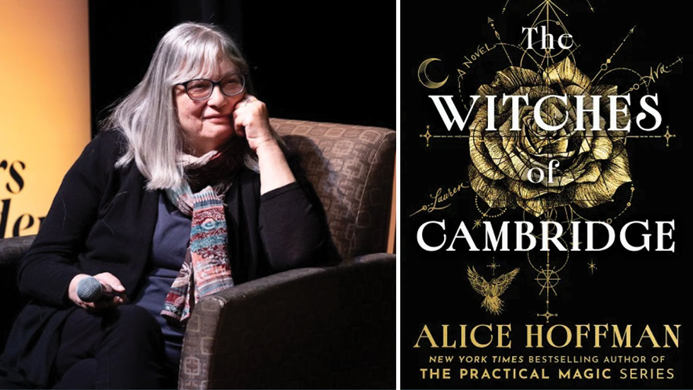 Hoffman onstage, sitting in a chair in conversation, next to a photo of her latest book.