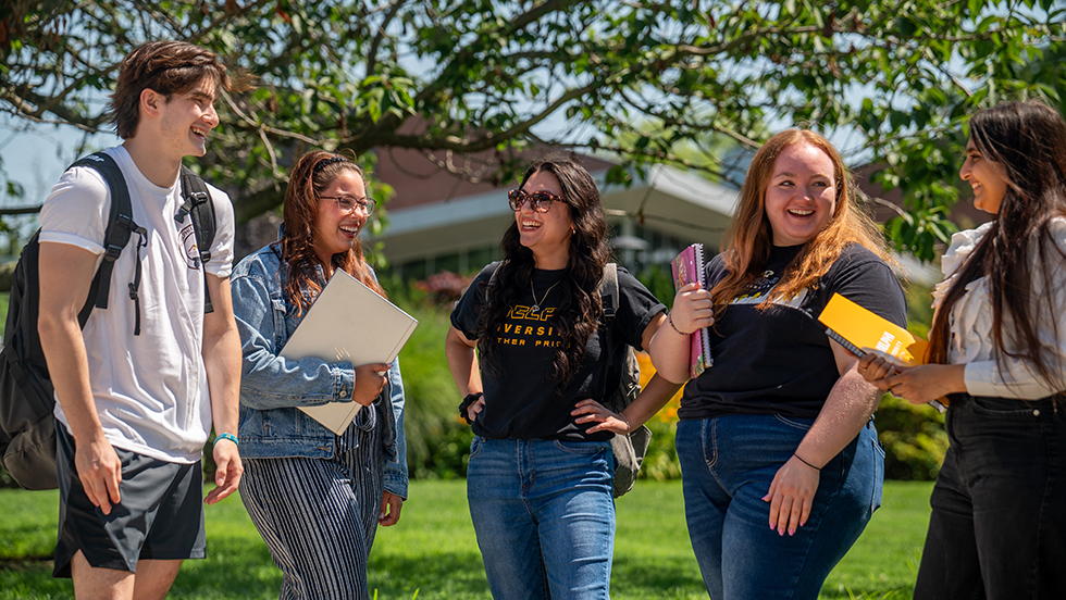 Five Adelphi students in casual summer gear, with notebooks and books in hand, chatting on a summer day.