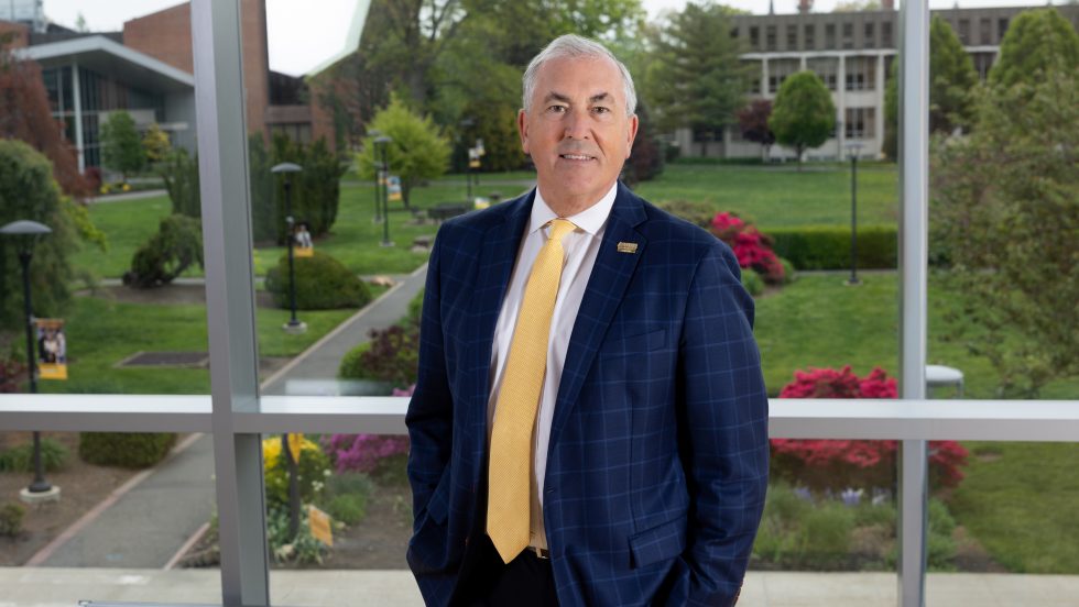 A man standing in business suit in front of a window with a landscape background of trees, a path and bushes.