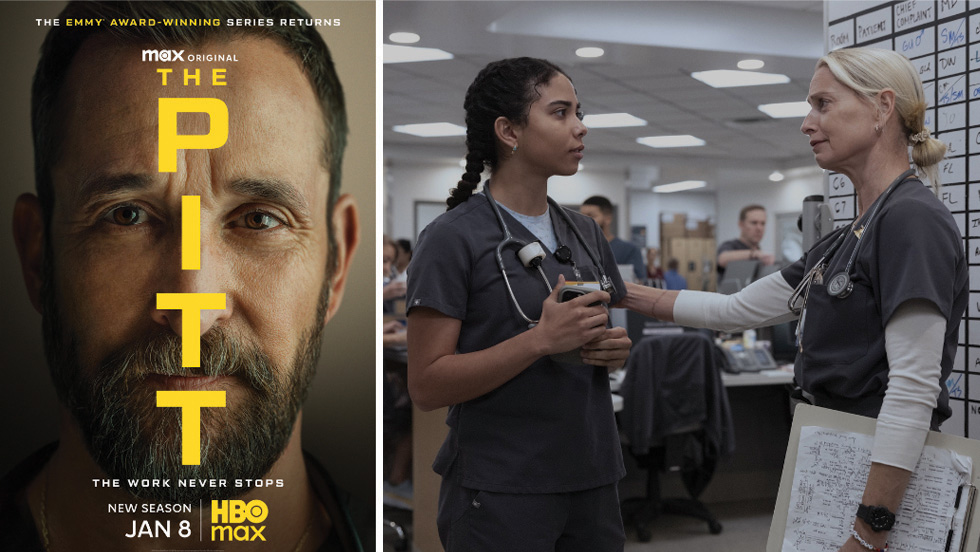 Split image showing a promotional poster for the Emmy-winning series "The Pitt" on HBO Max alongside a scene of two nurses in scrubs having a conversation in a hospital setting.