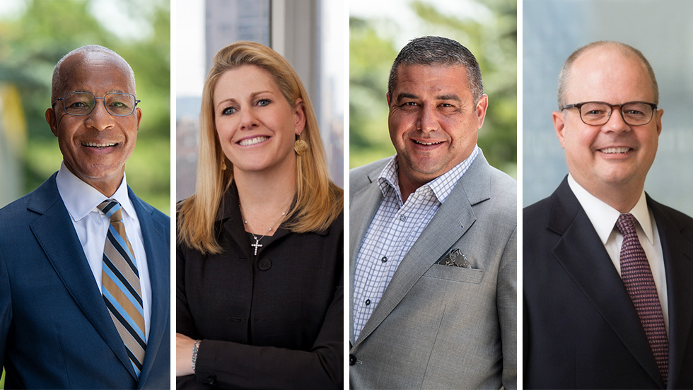 A collage of four professional head shot images, of 3 men and one woman, all wearing business attire.