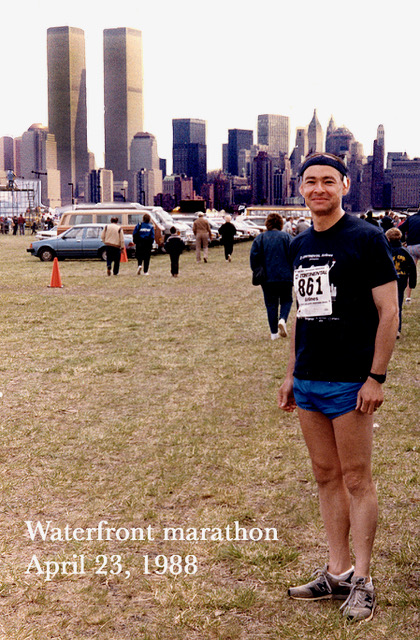 Elliot Gordon, MA ’68 pictured at the Waterfront marathon on April 23, 1988 with NYC Twin Towers in the background.