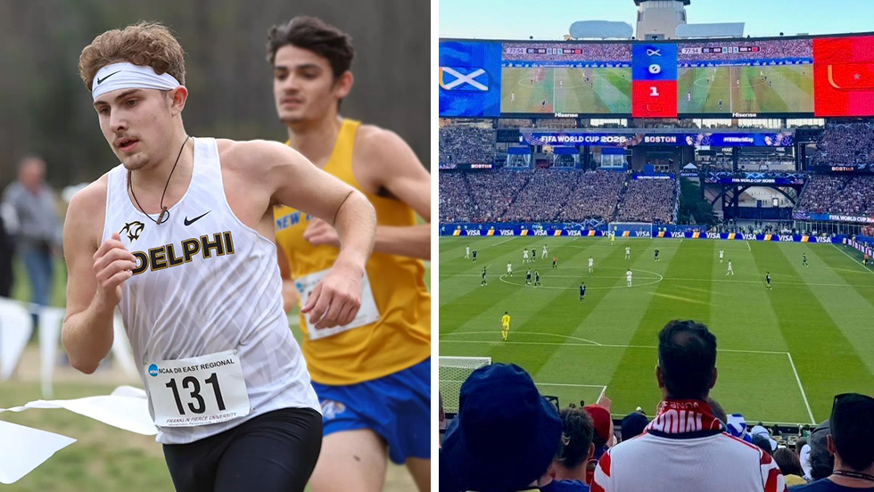Close up of a cross country athlete, running in a race. On the right, we see over several fans shoulders onto the packed arena where a FIFA World Cup game is being played.