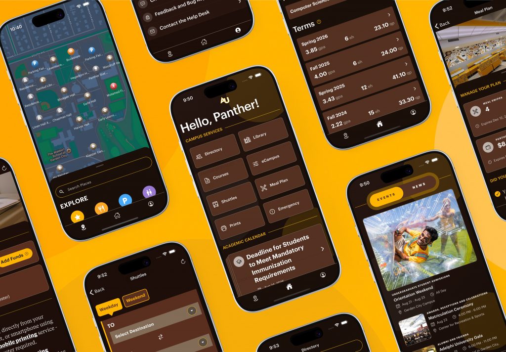 Adelphi University Mobile App: Collage of various screenshots of the mobile app UI.