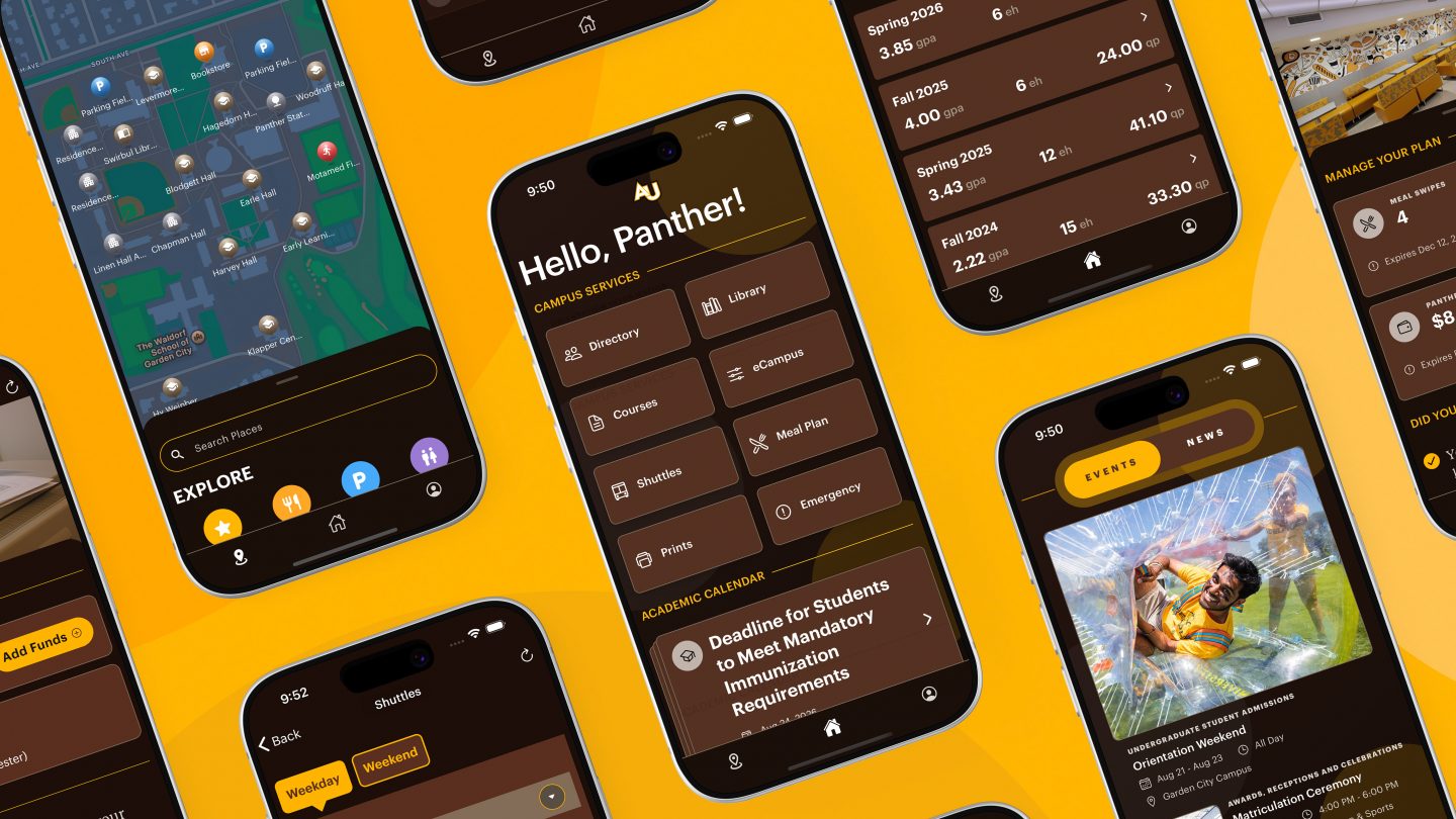 Adelphi University Mobile App: Collage of various screenshots of the mobile app UI.
