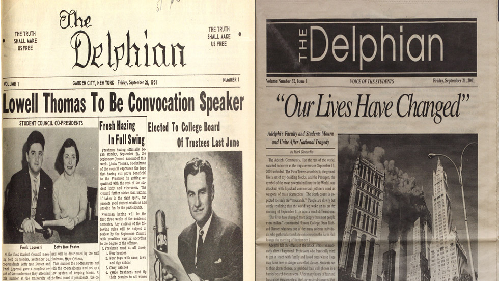 Copies of the front pages of two issues of the newspaper. The headline of the first issue is "Lowell Thomas to be convocation speaker;" the page also includes a photo of the student council co-presidents." The 9/11 issue headline is "Our Lives Have Changed."