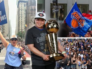 A photo collage with four elements: a portrait of Mau holding the NBA championship trophy; a photo of her raising a placard reading “City of Champions” while riding down Broadway during the ticker-tape parade; a New York Knicks flag flying above the parade crowd; and a crowd scene from the parade