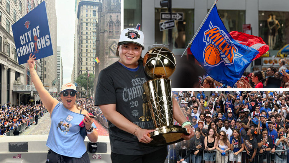 A photo collage with four elements: a portrait of Mau holding the NBA championship trophy; a photo of her raising a placard reading “City of Champions” while riding down Broadway during the ticker-tape parade; a New York Knicks flag flying above the parade crowd; and a crowd scene from the parade