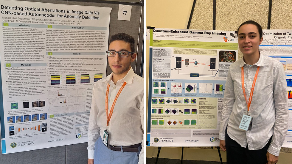 The students stand in front of posters detailing their research projects.