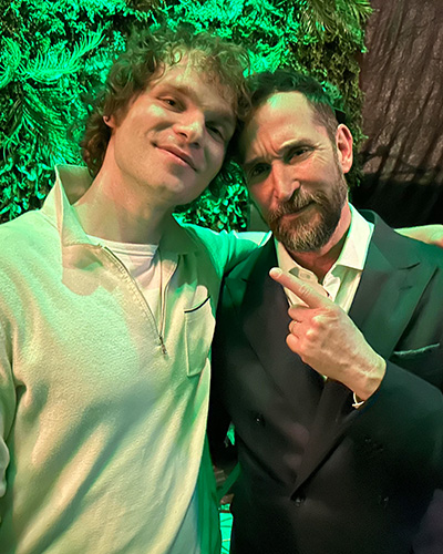 Lucas Iverson '17 poses for a playful, close-up selfie with fellow actor Noah Wylie.