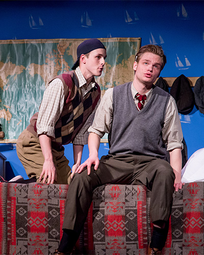 Two young student actors in a vintage set, wearing vintage clothing