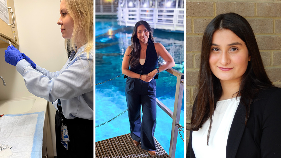 A three-panel side-by-side image of women in biology-related settings. Left: a woman in a blue lab coat and blue gloves works at a lab counter with a sterile pad and supplies. Center: a woman in dark overalls stands on a metal platform beside a brightly lit blue pool or tank. Right: a close-up portrait of a woman with long dark hair, wearing a black blazer over a white top, in front of a brick wall.