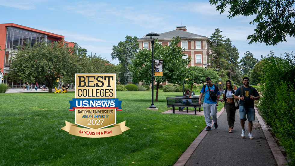 A group of students walking along a path with campus buildings and landscape in the background, including an overlay of a US News & World Report Best Colleges badge in the bottom left corner.
