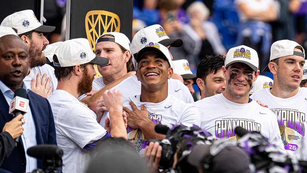 A thankful Kyle Lewis '26, center, looks on at the championship trophy presentation following the 2026 Premier Lacrosse League Championship game. Photo by Lexi Woodcock