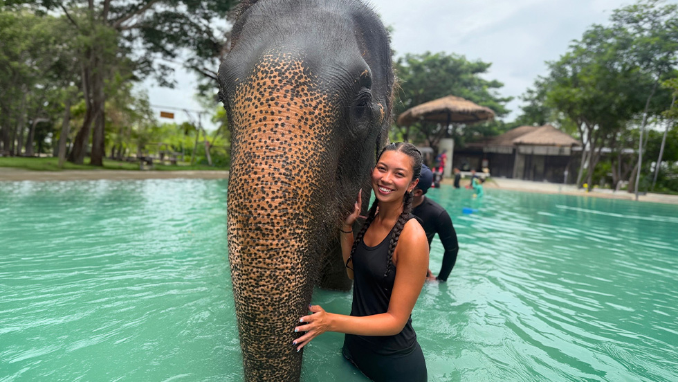 A young woman stands next to an an enormous elephant in a quiet pool.