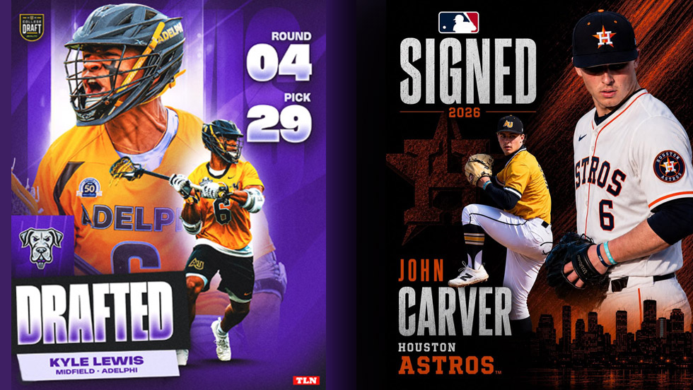 A collage of two images, one an illustration of Kyle Lewis in his lacrosse uniform with the headline “Drafted, Round 4, Pick 29, Kyle Lewis, Midfield, Adelphi,” the other of an illustration of John Carver in an Astros uniform with the headline “Signed, John Carver, Houston Astros”