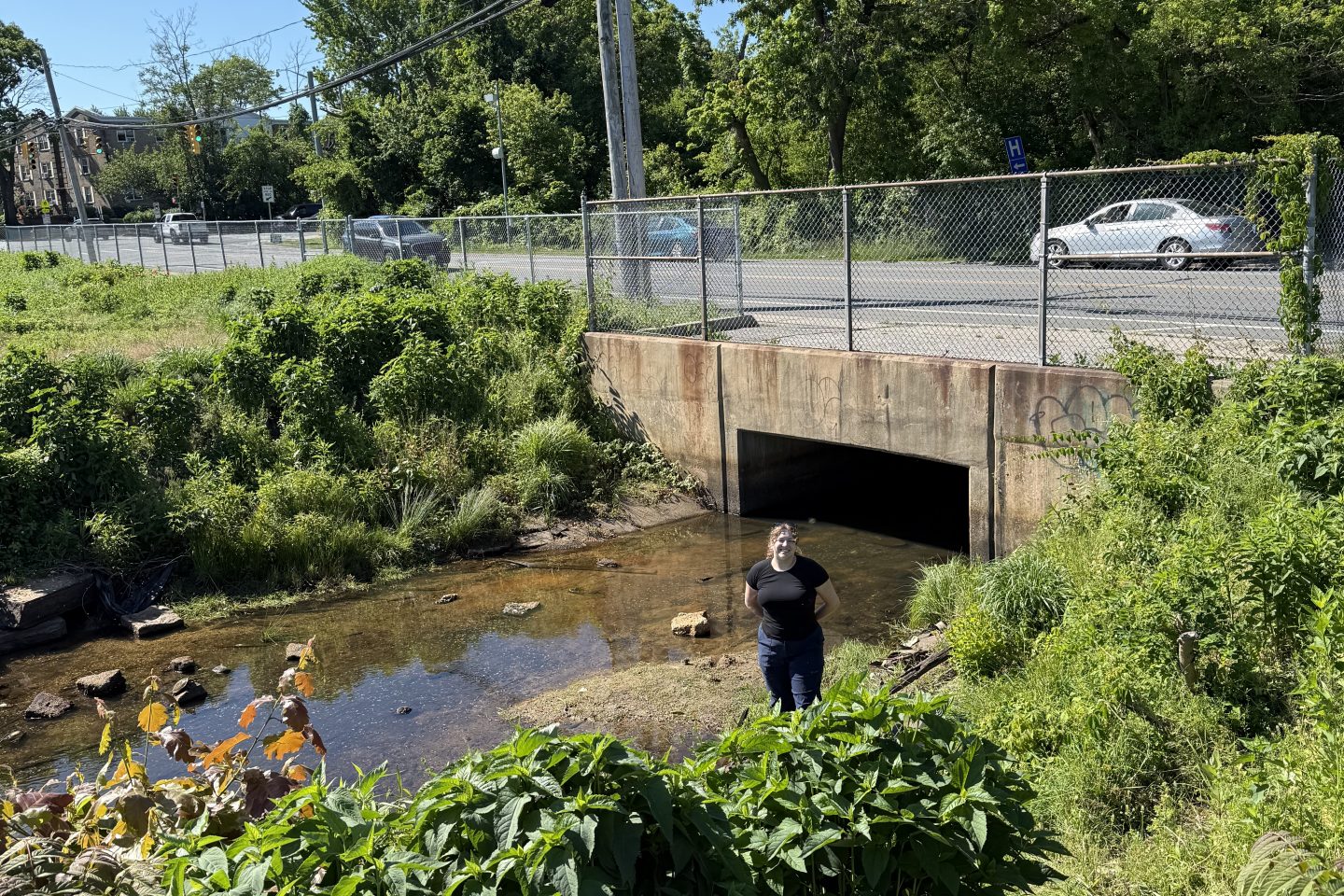 A woman in a black shirt stands smiling at the mouth of a concrete culvert where a stream emerges, with a chain-link fence, road, and parked cars visible above the embankment. 