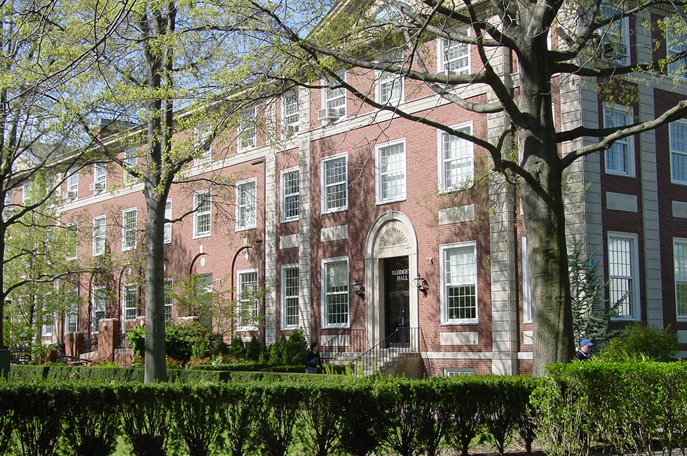 The beautiful red brick building, seen on a sparkling spring day.