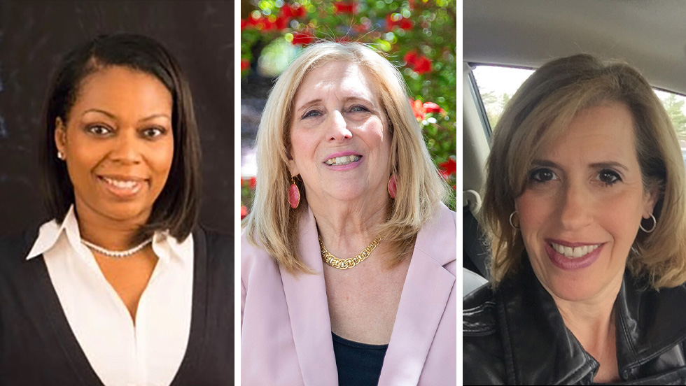 Photo collage of Donna T. Bacon ’94, MSW ’99, PhD (left), Jeannie Rettura (middle) and Pam Shapiro (right)