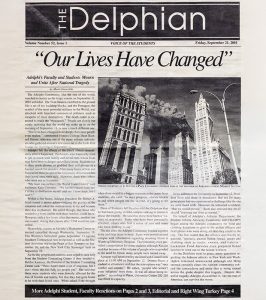A reproduction of the student newspaper's front page, with the oversized headline "Our Lives Have Changed" and a subhead that reads "Adelphi's faculty and students mourn and unite after national tragedy."