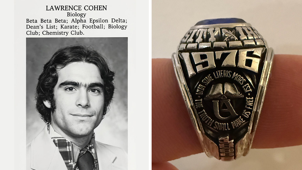 A yearbook photo from 1976 and a vintage class ring with the date 1976 engraved onto the surface